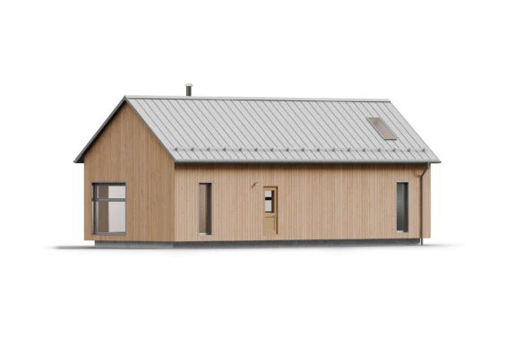 A 3d rendering of a small house with a metal roof.