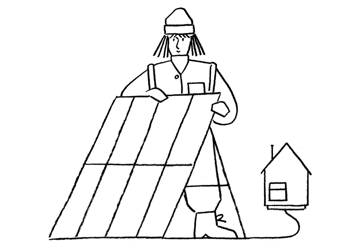 A black and white drawing of a man holding a solar panel.
